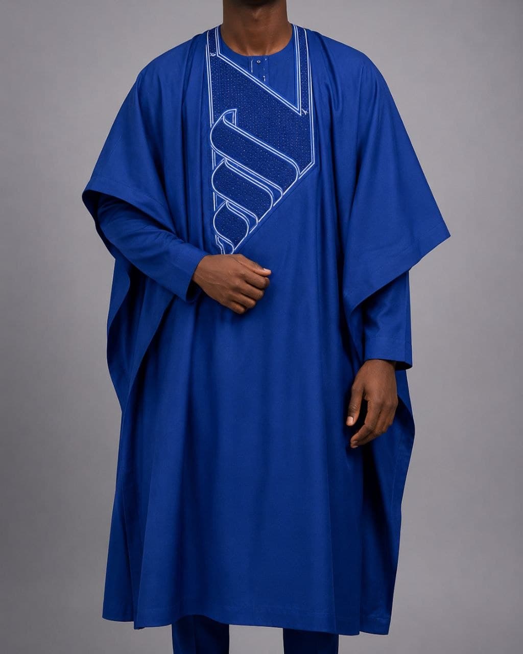 Royal blue agbada with a tonal embroidered chest panel