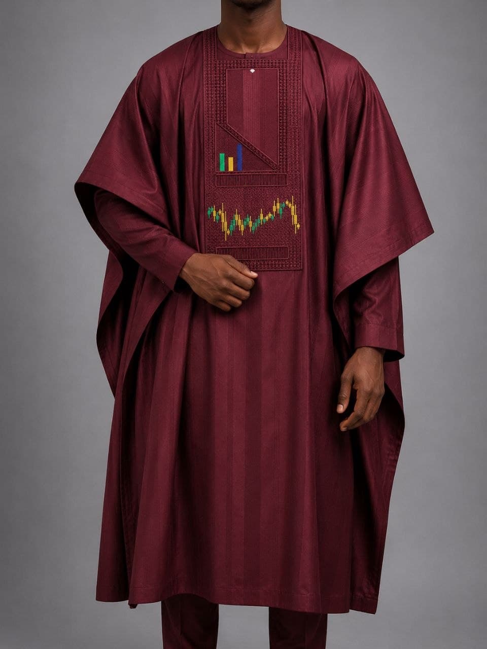 Maroon agbada with a candlestick chart embroidered on the chest panel