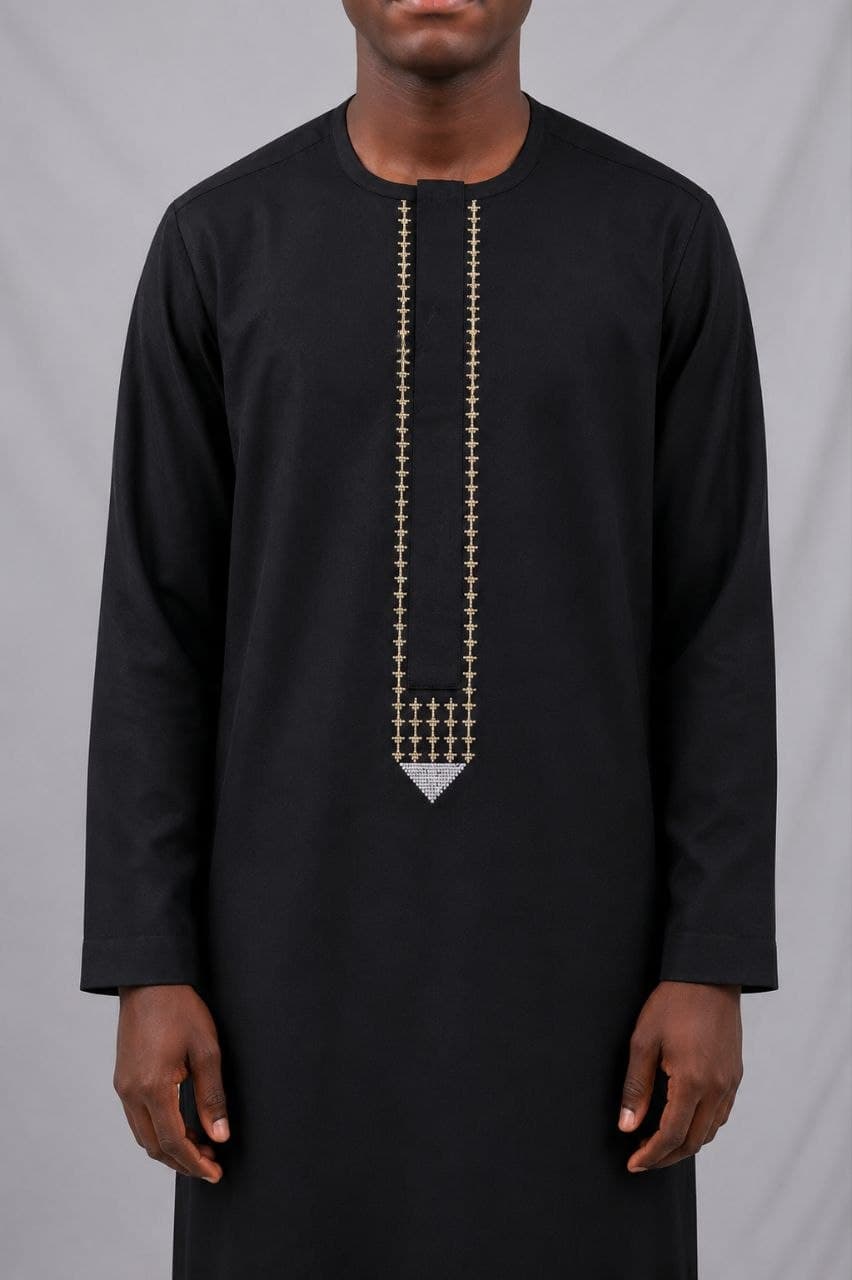 Black kaftan with a gold placket run and crystal point detail