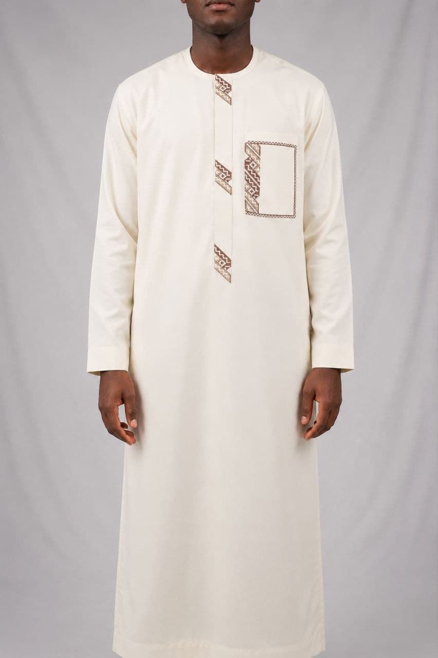 Cream kaftan with cocoa cross-stitch placket and pocket frame